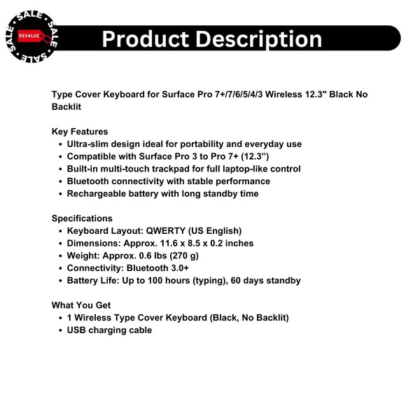 Type Cover Keyboard for Surface Pro 7+/7/6/5/4/3 Wireless 12.3" Black No Backlit - Picture 2 of 15